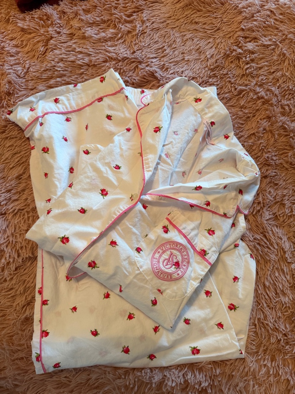 White and pink womens Victoria Secret Pajama Set with Pink Rose Print